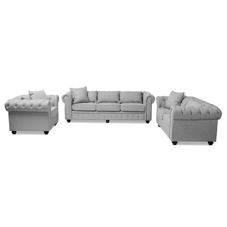 BAXTON STUDIO Alaise Grey Tufted Scroll Arm Chesterfield 3-Piece Living Room Set 144-8097-8099